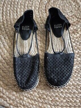 Eileen Fisher Black Perforated Leather Espadrille Slip-Ons Sz.6 5